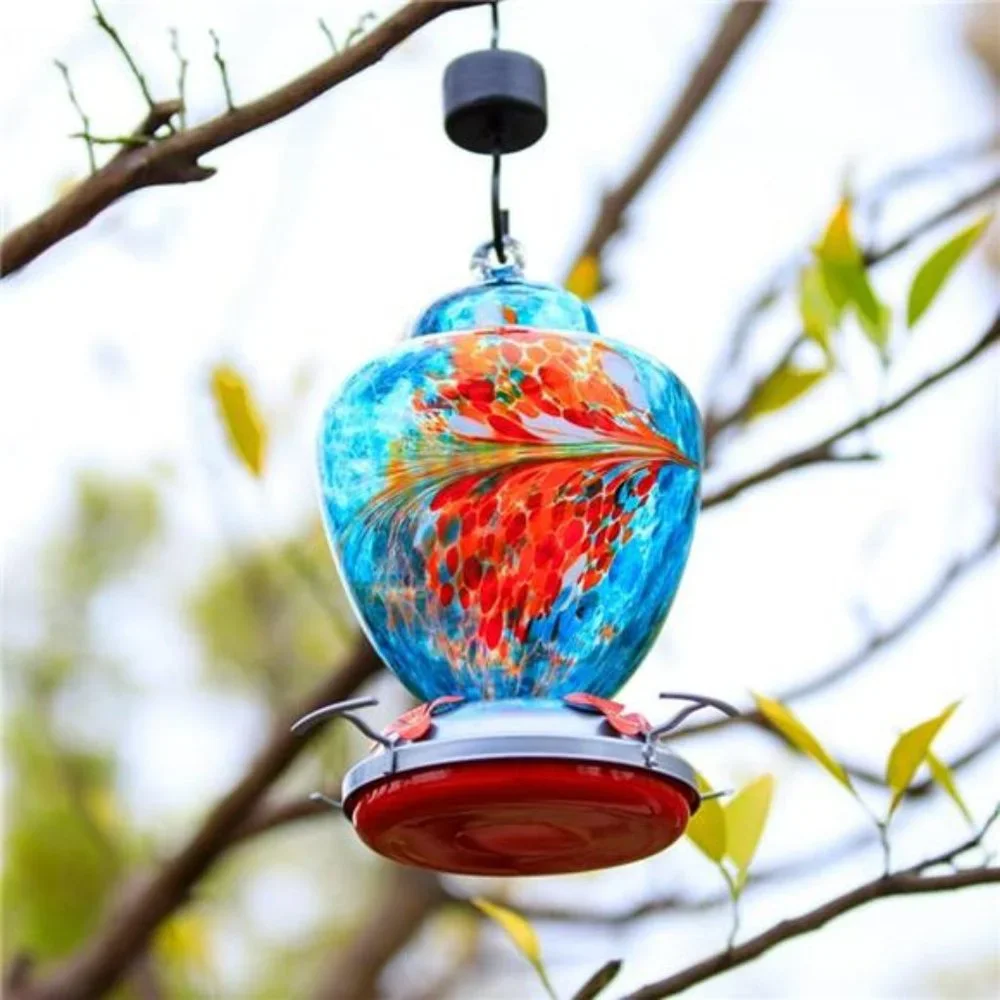 Hummingbird Feeder with Perch - Hand Blown Glass - Blue - 38 Fluid Ounces